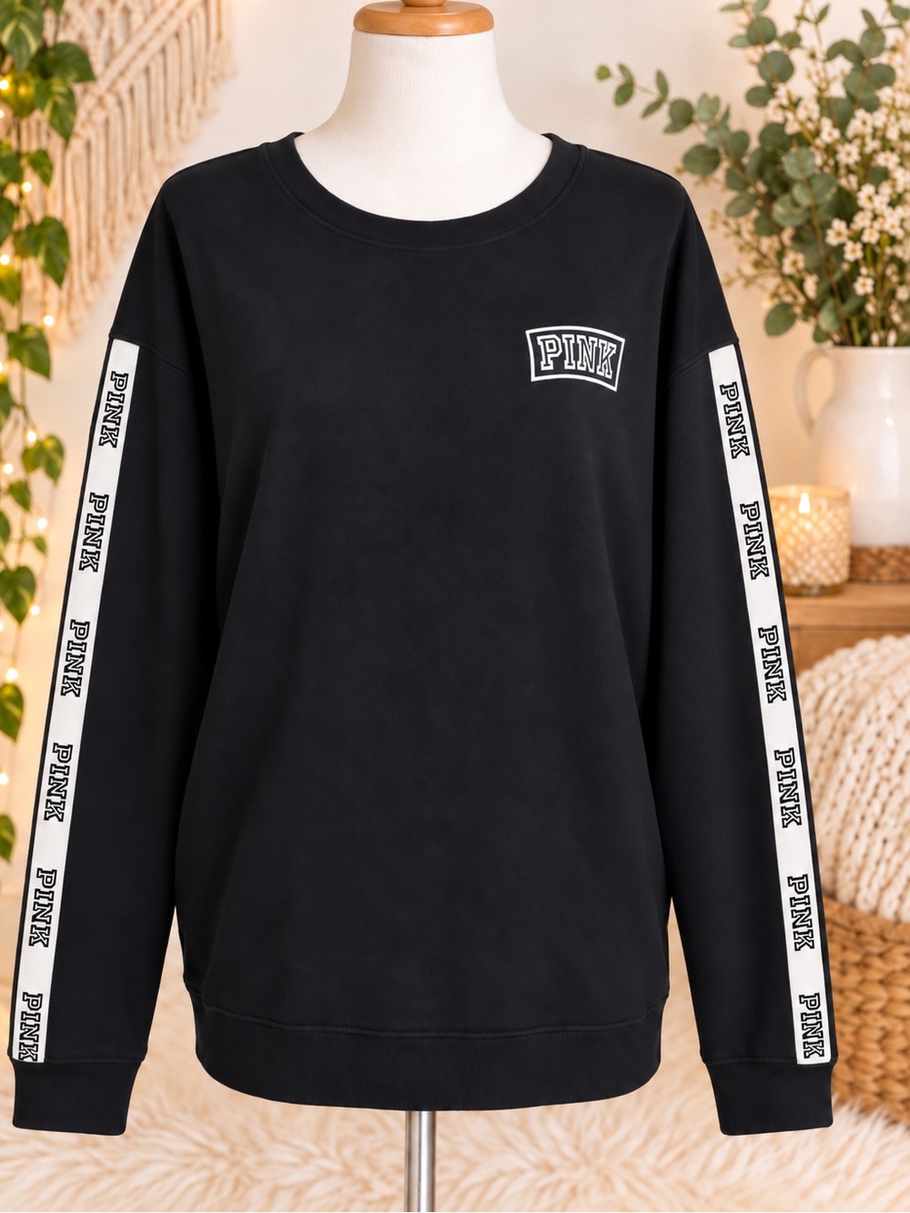 Victoria's Secret PINK Black Crewneck Sweatshirt with White Logo Tape